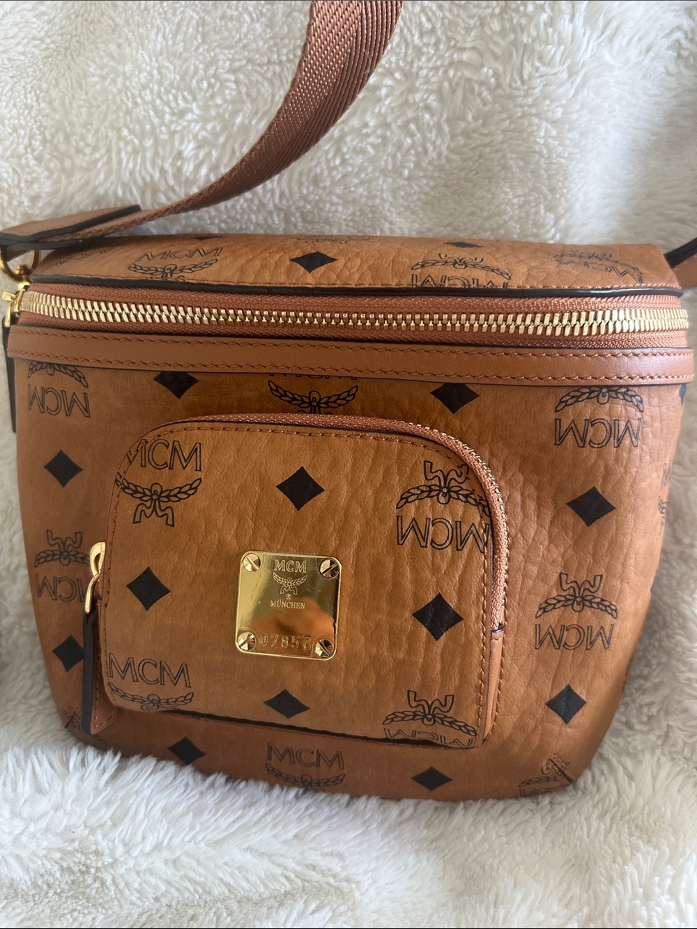 MCM Cognac Visetos Monogram Mini Crossbody Belt Bag with Gold Hardware